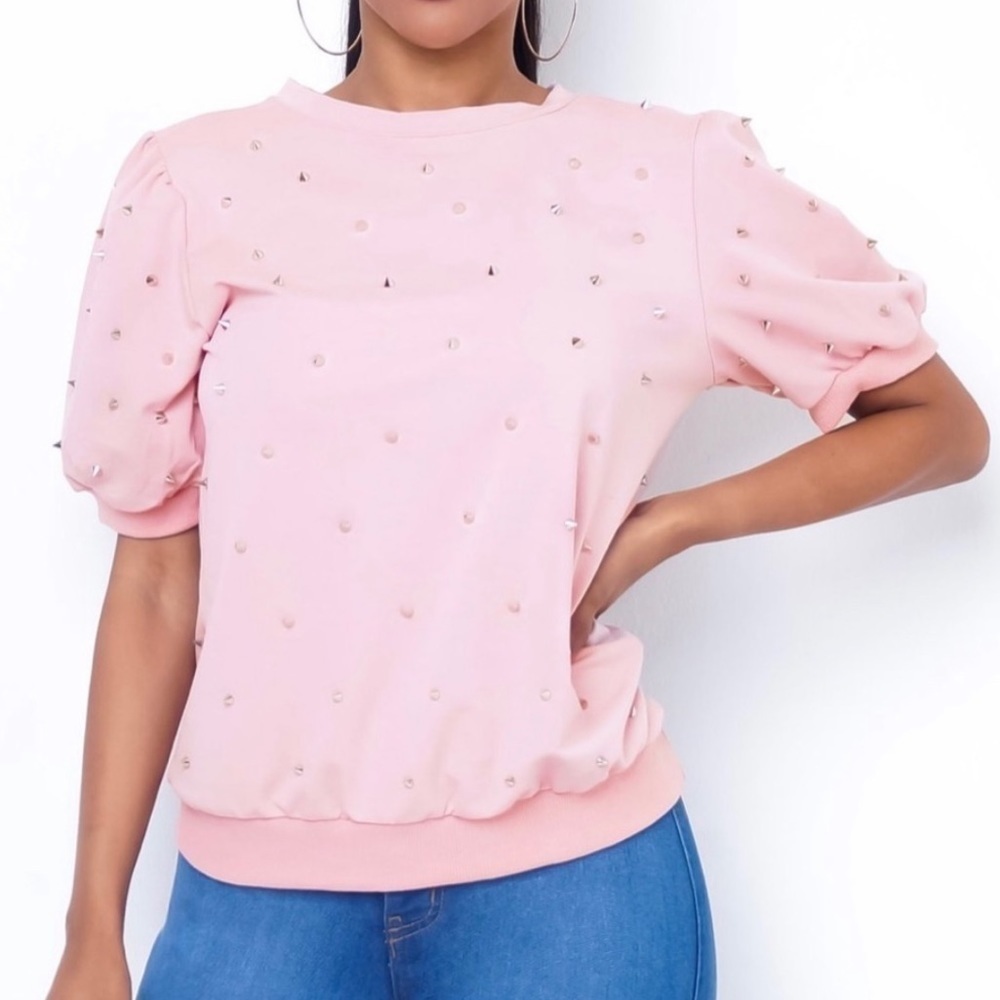Muy Muy Rose Pink Silver Spike Puff Sleeve Top
